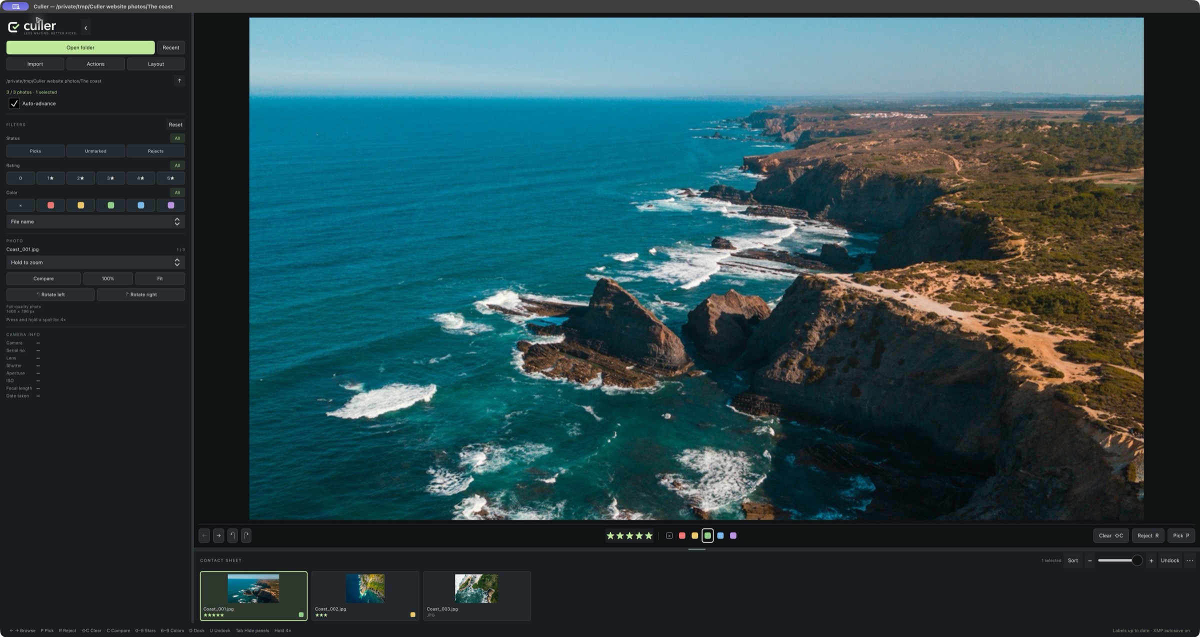 Culltivar on Mac, with a coastal photo, filters and an adjustable contact sheet.